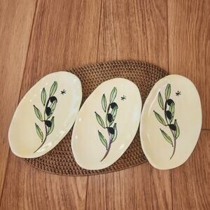 Julia Junkin oval appetizer plates set of 3 yellow w/ black olive & branch print